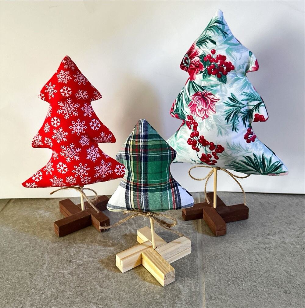 Handmade Group of Holiday Fabric Christmas Trees Set Of 3